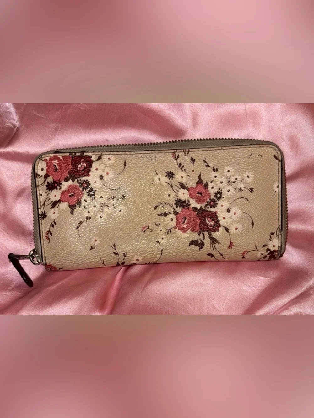 Coach Cream Floral Zip-Around Wallet with Pink Accents